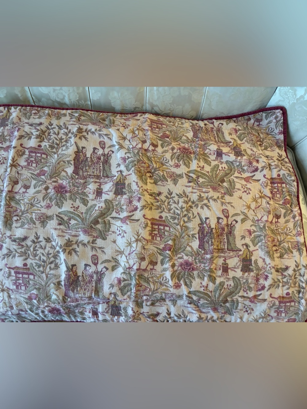 Vintage Asian Toile Pillow Sham 33”x24” Royal Court Birds Crain Heron Pagoda